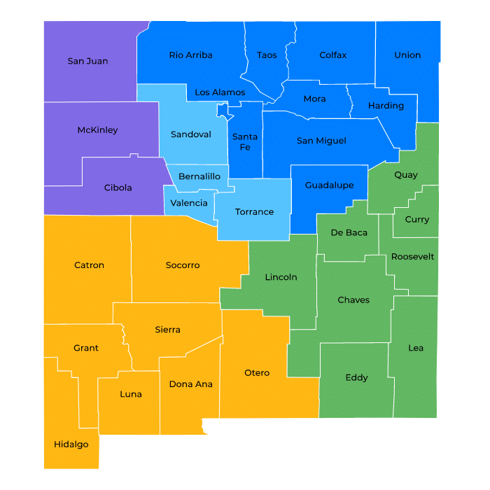 Color-coded map of New Mexico School Health Advocate regions